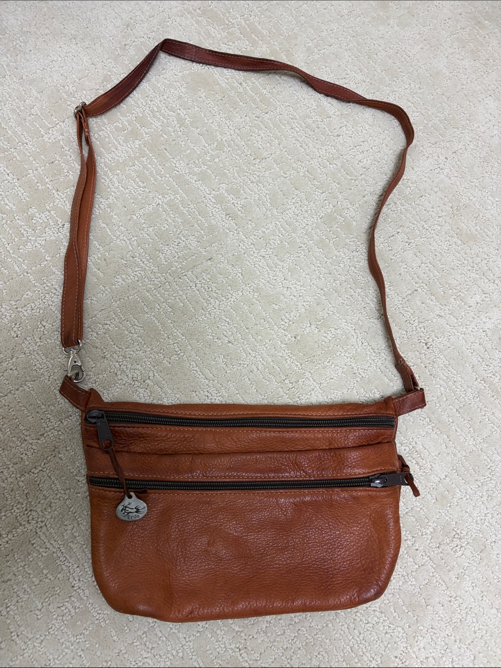 Erda Brown Leather Crossbody Bag with Zip Pockets